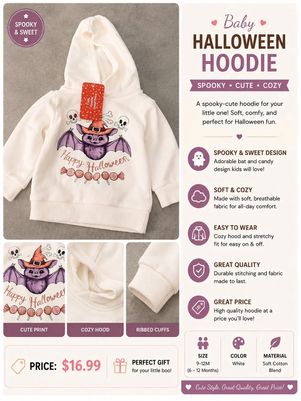 Baby Halloween Hoodie - White Bat & Candy Design